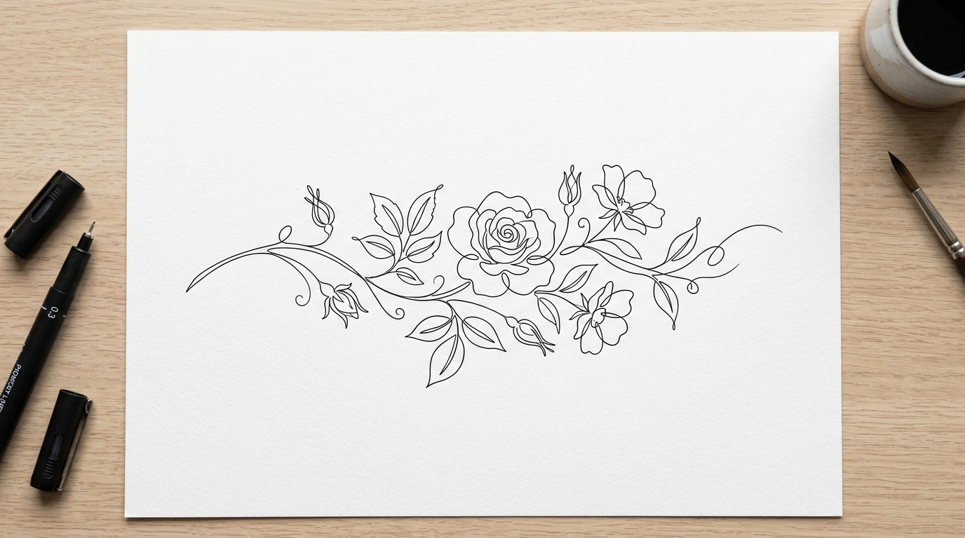 Эскиз тату в стиле лайнворк — ботаническая композиция из тонких линий