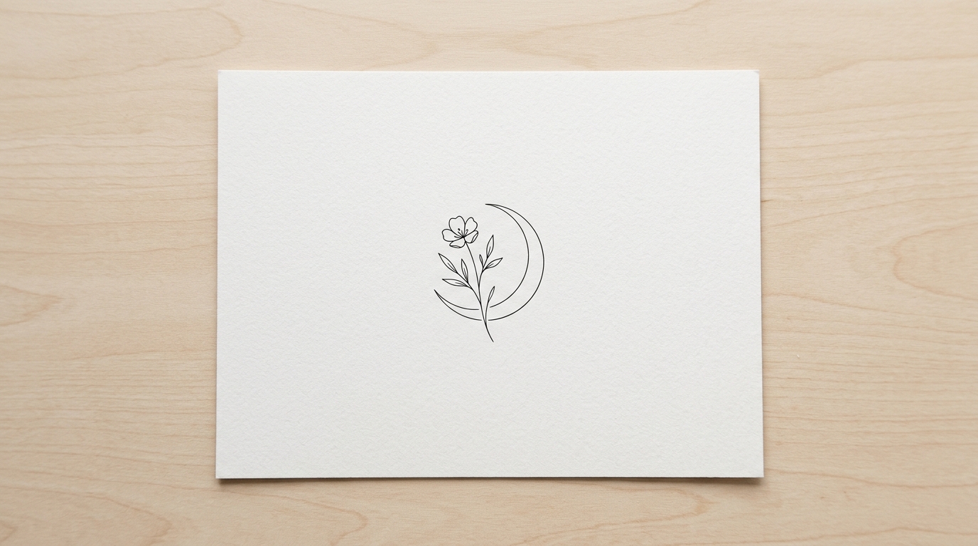 Эскиз тату в стиле минимализм — тонкая линия, маленький цветок и луна