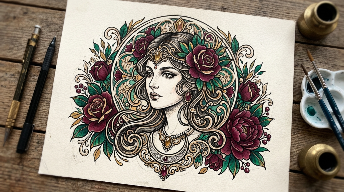 Эскиз тату в стиле неотрадишнл — портрет девушки с цветами в богатых цветах