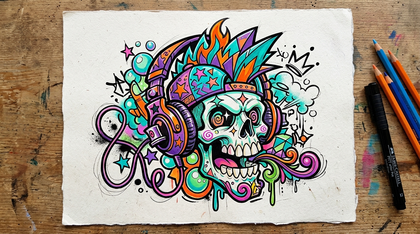 Эскиз тату в стиле нью-скул — мультяшный череп с яркими красками