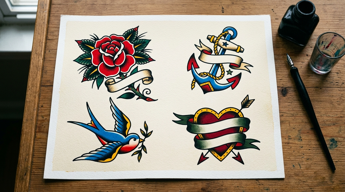 Эскиз тату в стиле олдскул — роза, якорь, ласточка и сердце