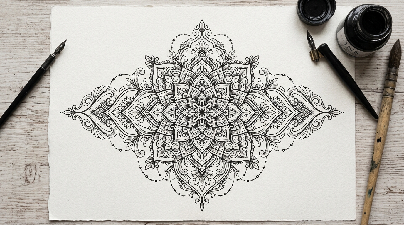 Эскиз тату в стиле орнаментал — кружевной узор с мандалой