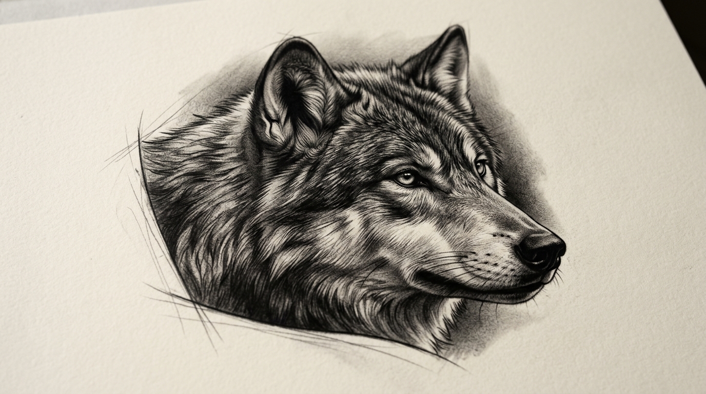 Эскиз тату в стиле реализм — детализированный портрет волка