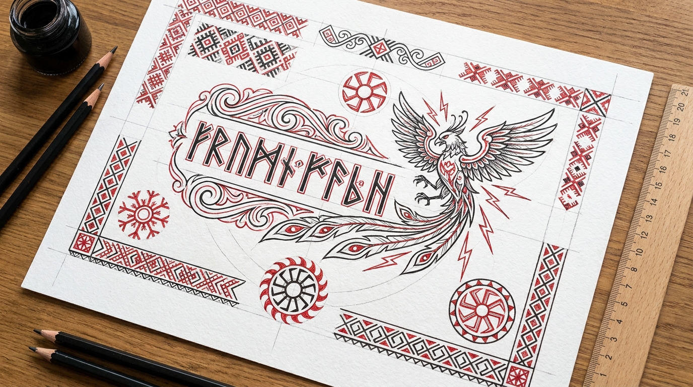 Эскиз тату в славянском стиле — руны и солярные обереги с красными акцентами