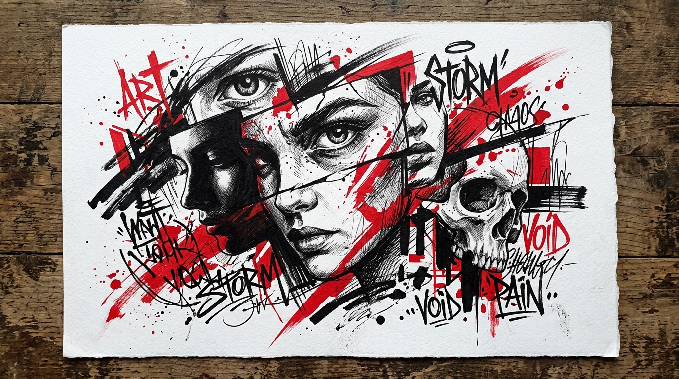 Эскиз тату в стиле трэш-полька — коллаж с красными мазками и чёрными реалистичными фрагментами