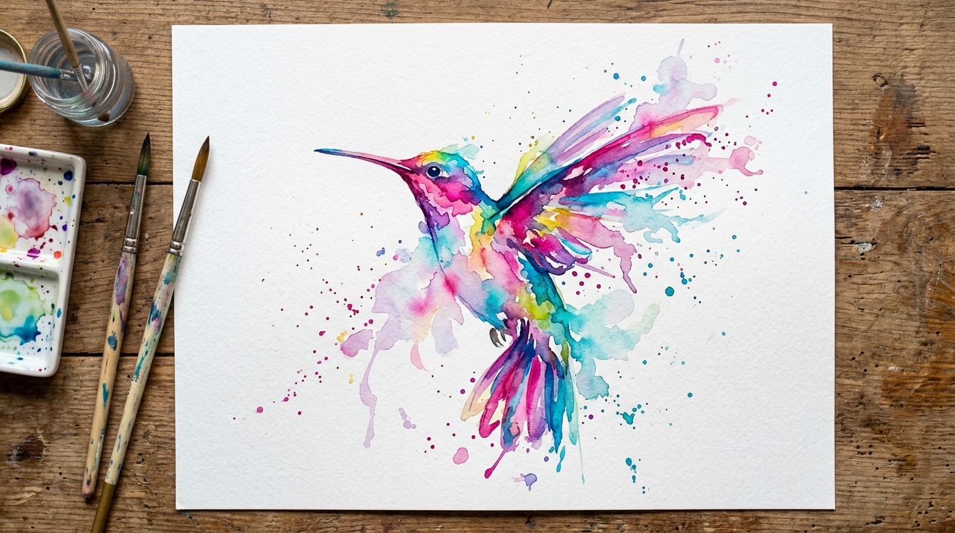 Эскиз тату в стиле акварель — яркие цветные мазки колибри