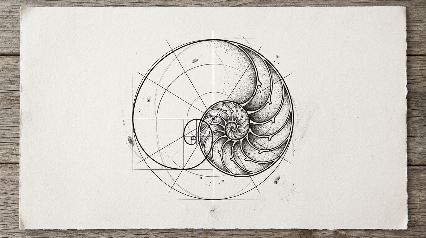 Эскиз спирали Фибоначчи с раковиной наутилуса