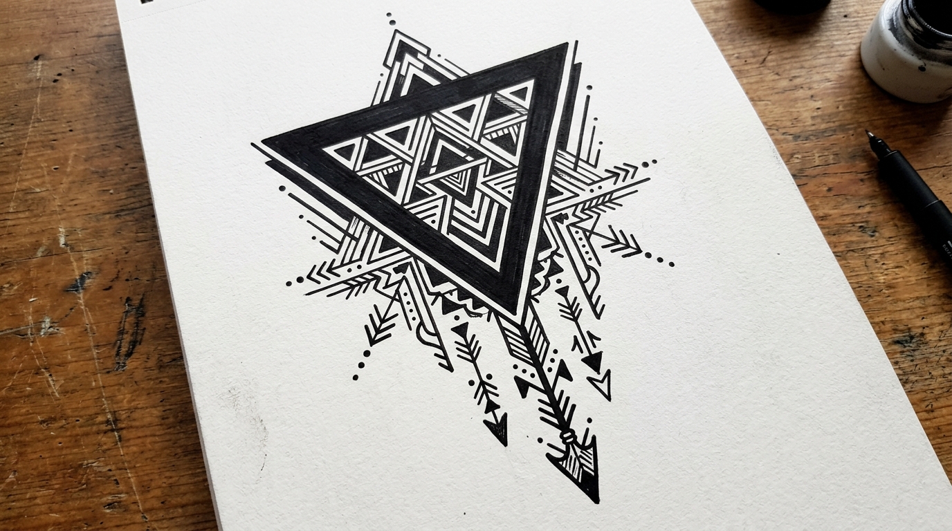 Эскиз блэкворк-геометрии с треугольником и стрелами