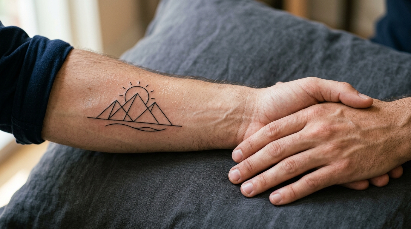 Минимальная геометрическая тату с горами и солнцем на предплечье