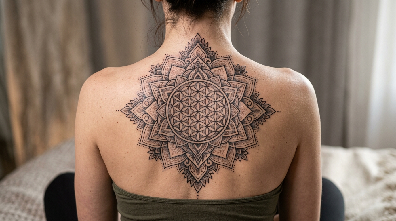 Крупная мандала с цветком жизни на спине девушки