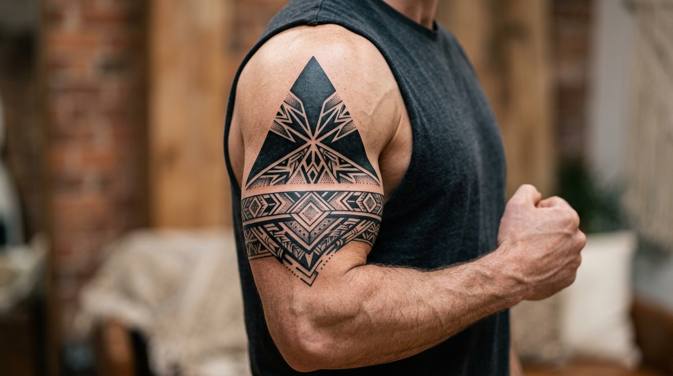 Геометрический блэкворк с треугольником и орнаментом на мужском бицепсе