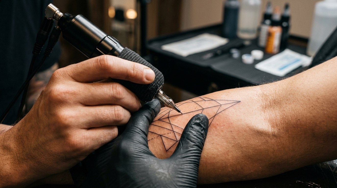 Мастер набивает геометрическую линию на коже