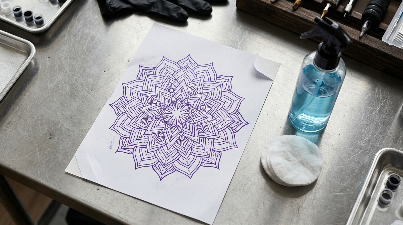 Распечатанный трафарет мандалы на рабочем столе мастера