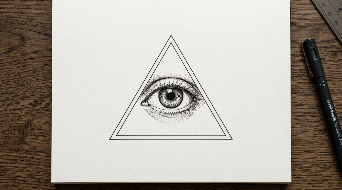Гибридный эскиз: реалистичный глаз в геометрическом треугольнике