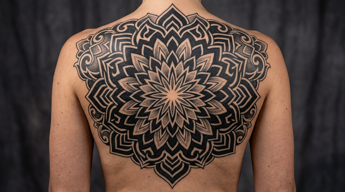 Мандала-блэкворк на женской спине
