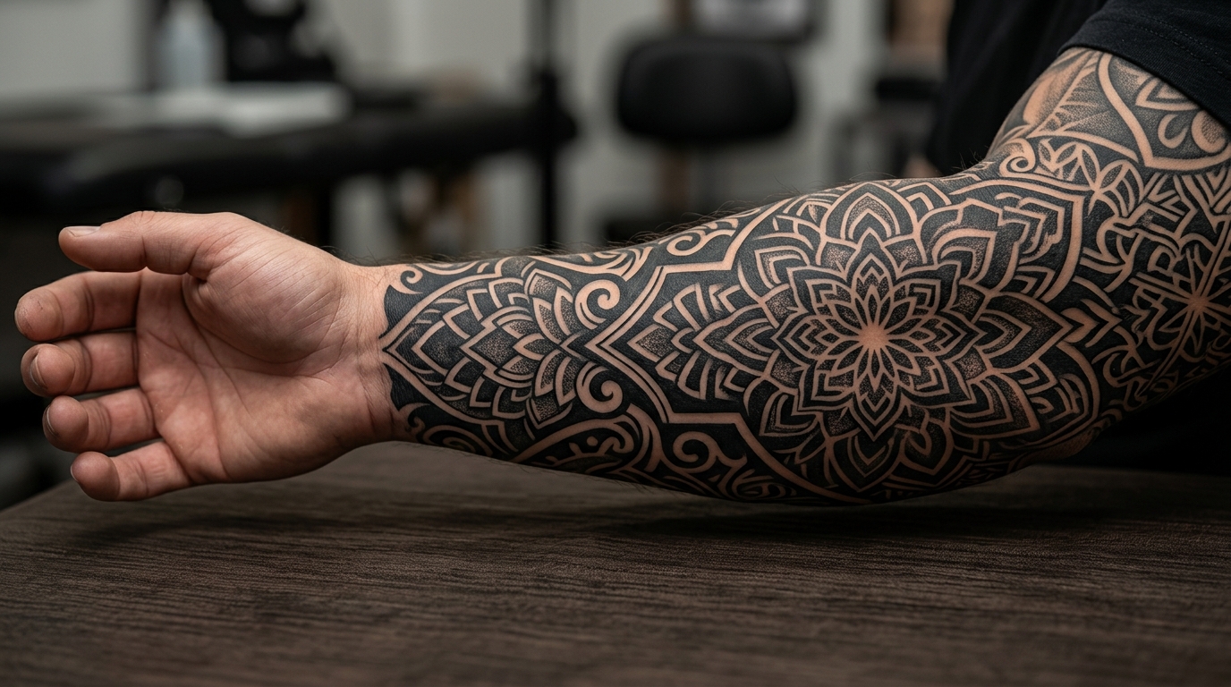 Пример блэкворка на мужском предплечье