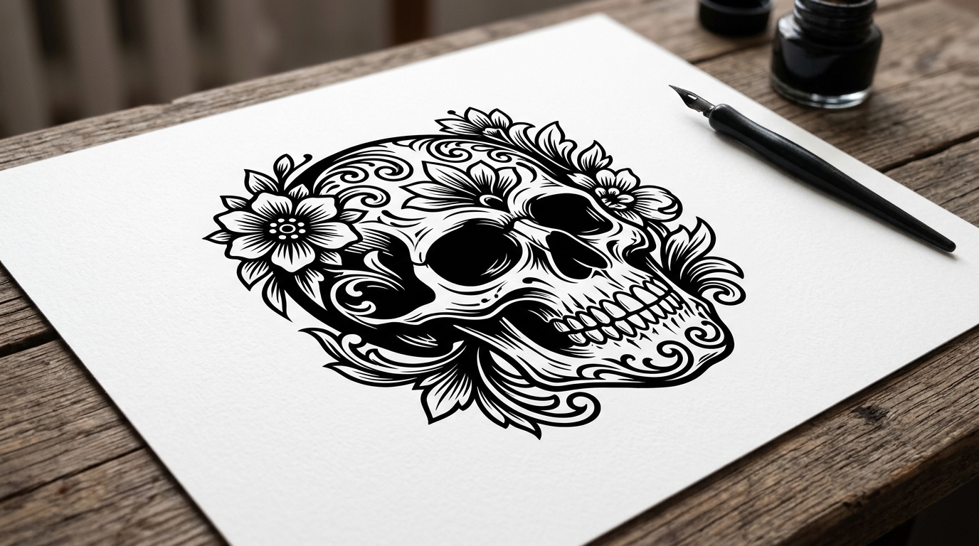 Иллюстративный блэкворк — череп с орнаментами