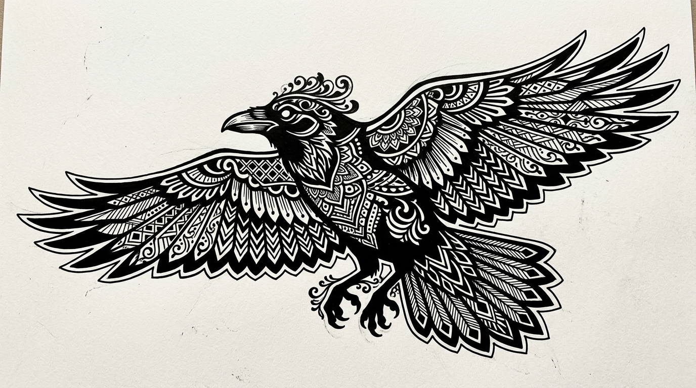 Ворон в стиле блэкворк
