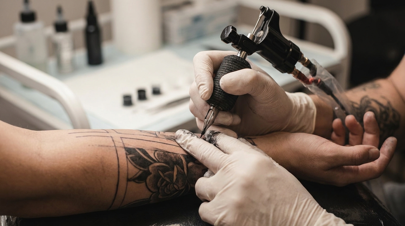 Процесс нанесения тату в тату-салоне