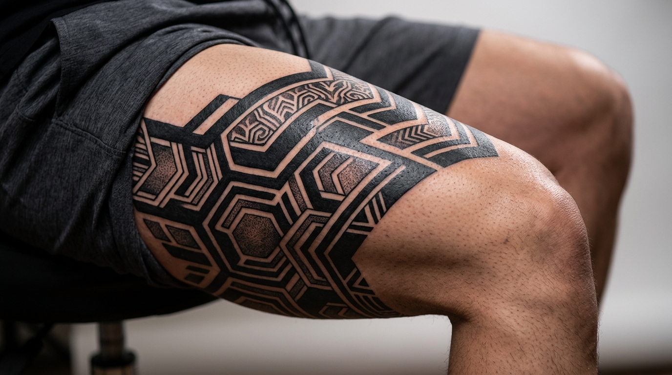 Геометрический блэкворк на бедре