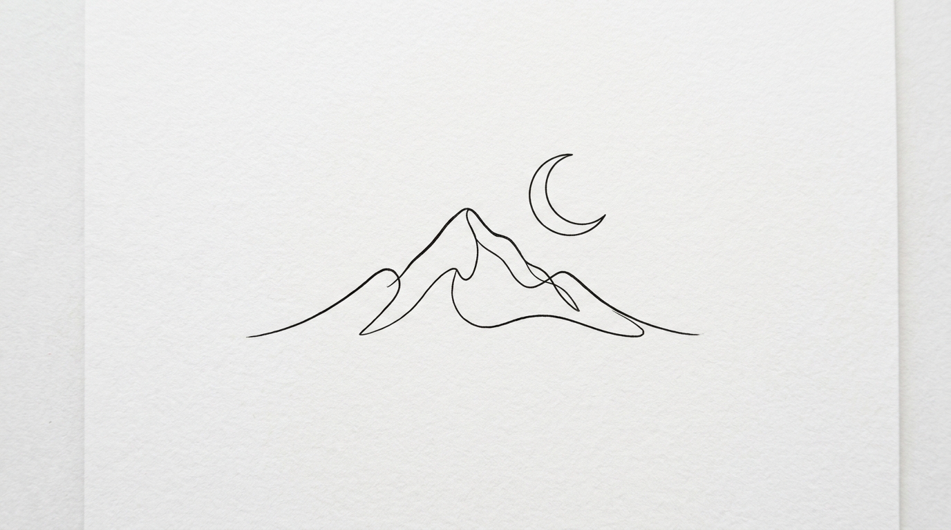 Эскиз минималистичной тату — горы и луна одной линией