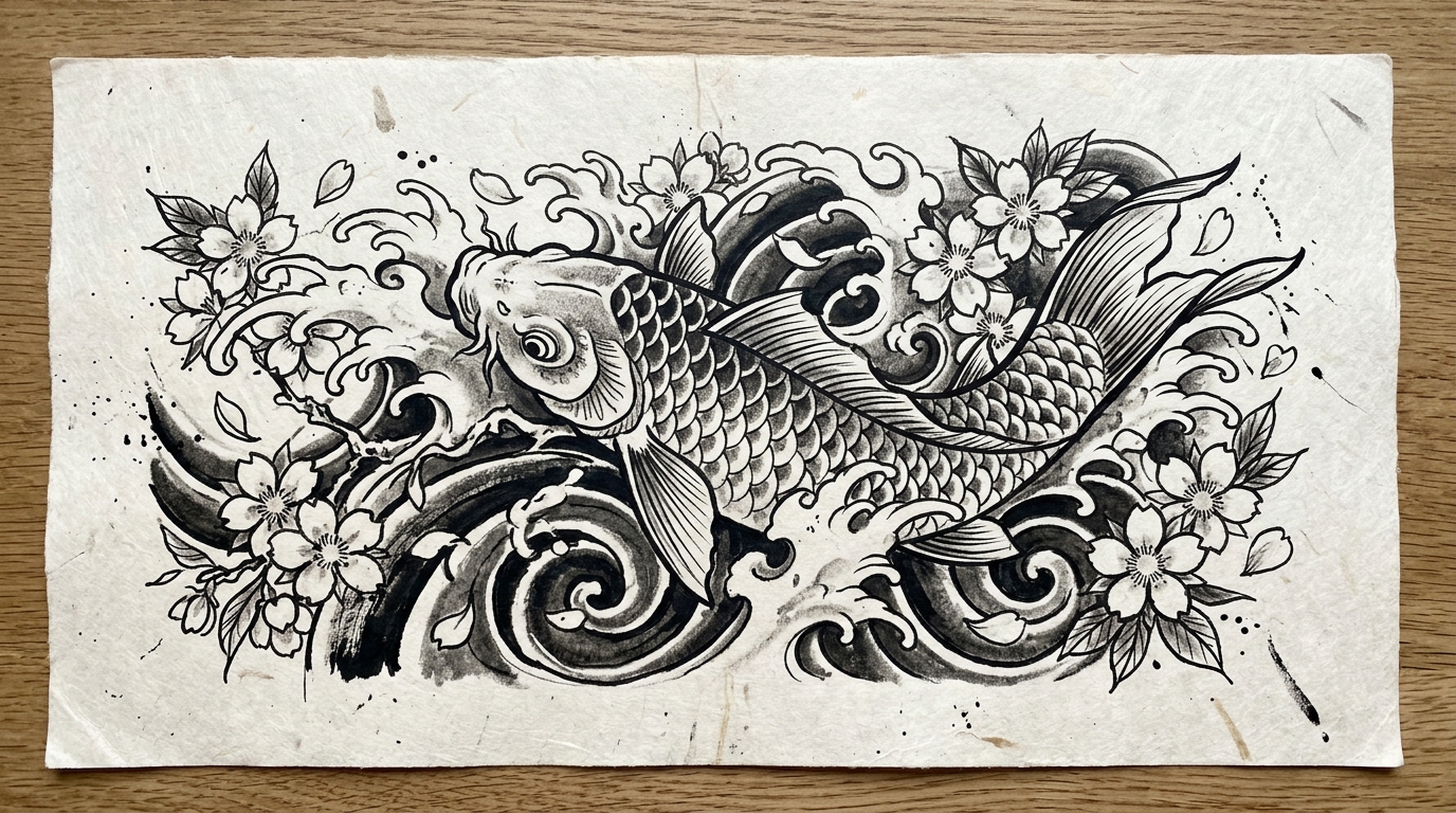 Эскиз тату в японском стиле — карп с сакурой и волнами