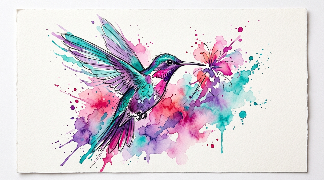 Эскиз тату в стиле акварель — колибри с брызгами краски