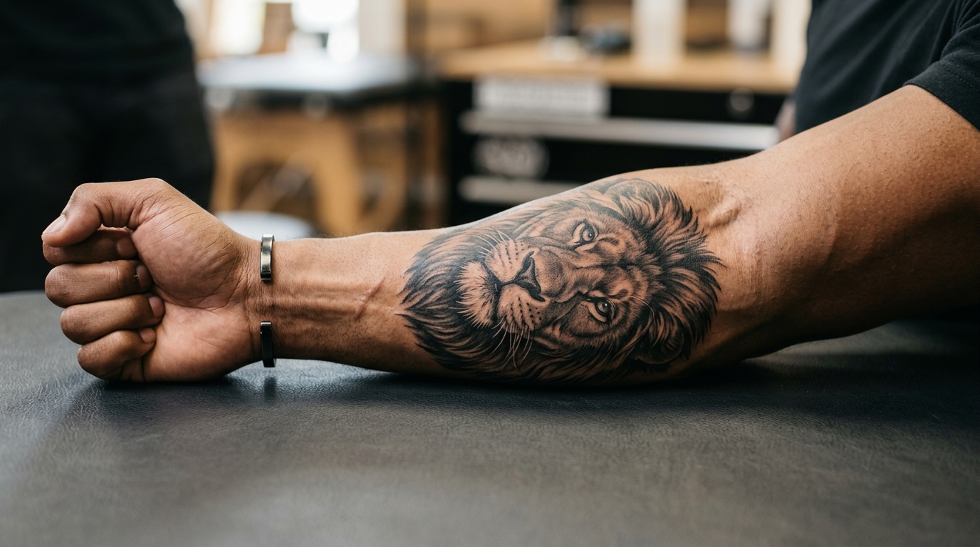 Реалистичный рендер тату льва на мужском предплечье