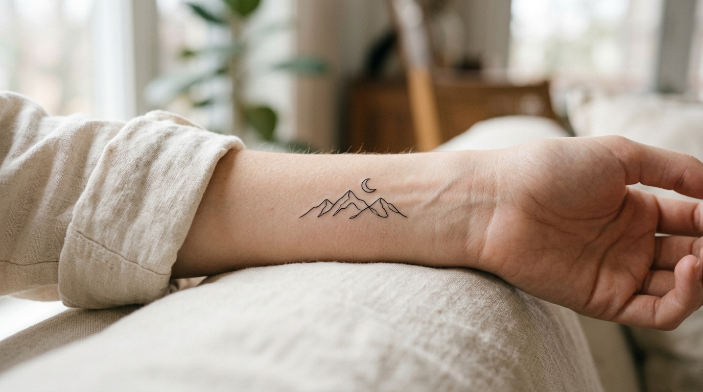 Минималистичная тату горы и луна на женском запястье
