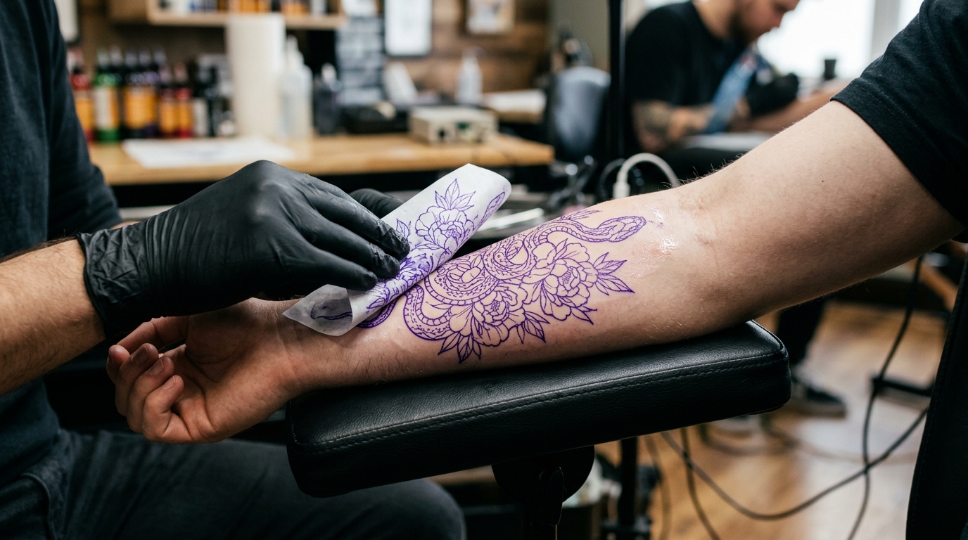 Нанесение трафарета тату на предплечье в студии