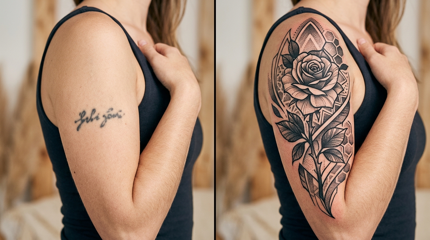 Cover-up тату — было и стало: старая выцветшая надпись перекрыта новым дизайном