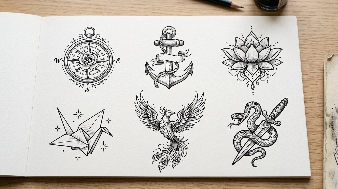 Варианты тату-идей — компас, якорь, лотос, журавль, феникс, змея с кинжалом