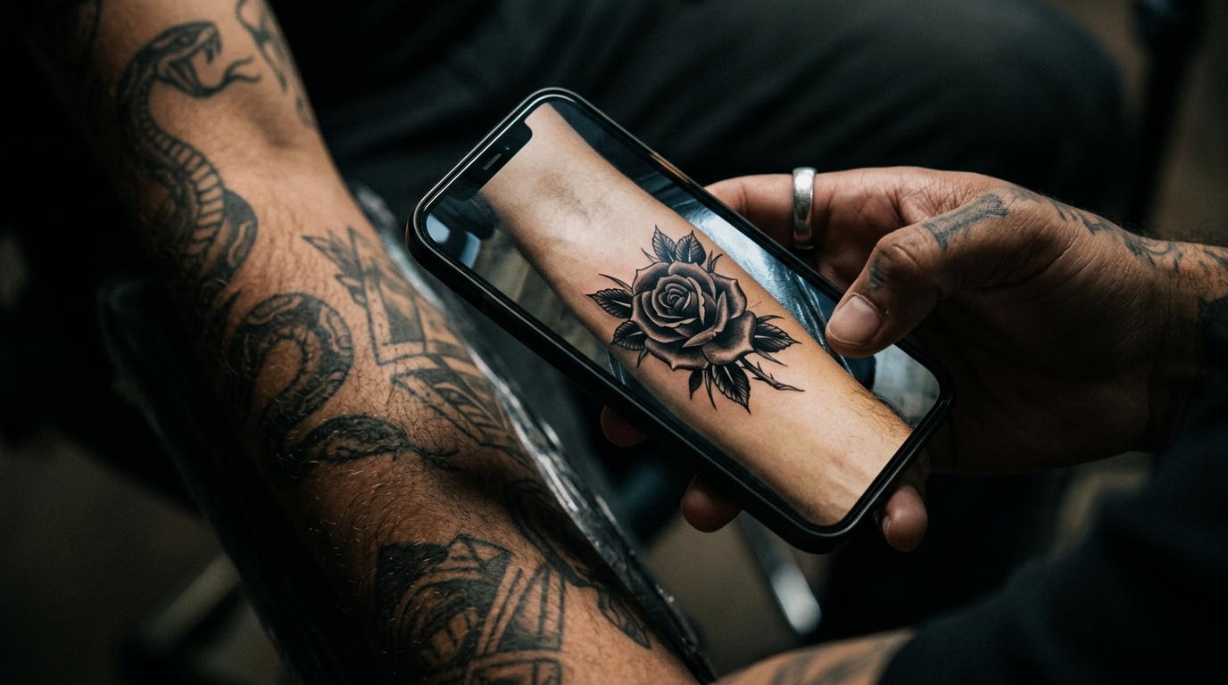 Виртуальная примерка тату: превью розы на предплечье через экран смартфона