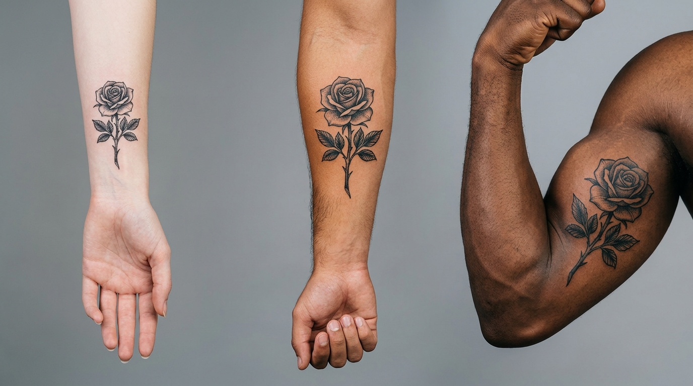 Одна и та же роза татуировка на трёх разных людях: светлое запястье, среднее предплечье и смуглый бицепс