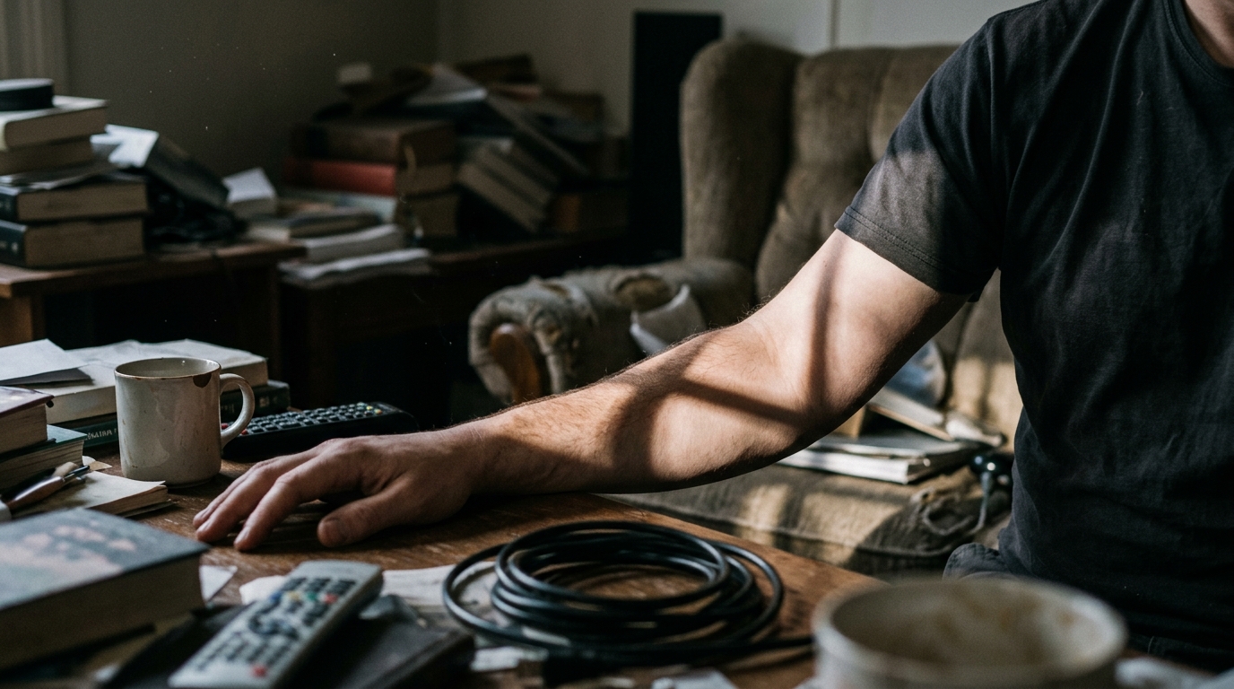 Пример плохой фотографии для примерки тату: резкие тени, загромождённый фон, рука в неудобной позе