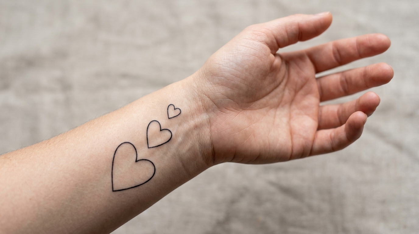 Три размера одной и той же татуировки сердце на одном запястье: маленькое, среднее, крупное