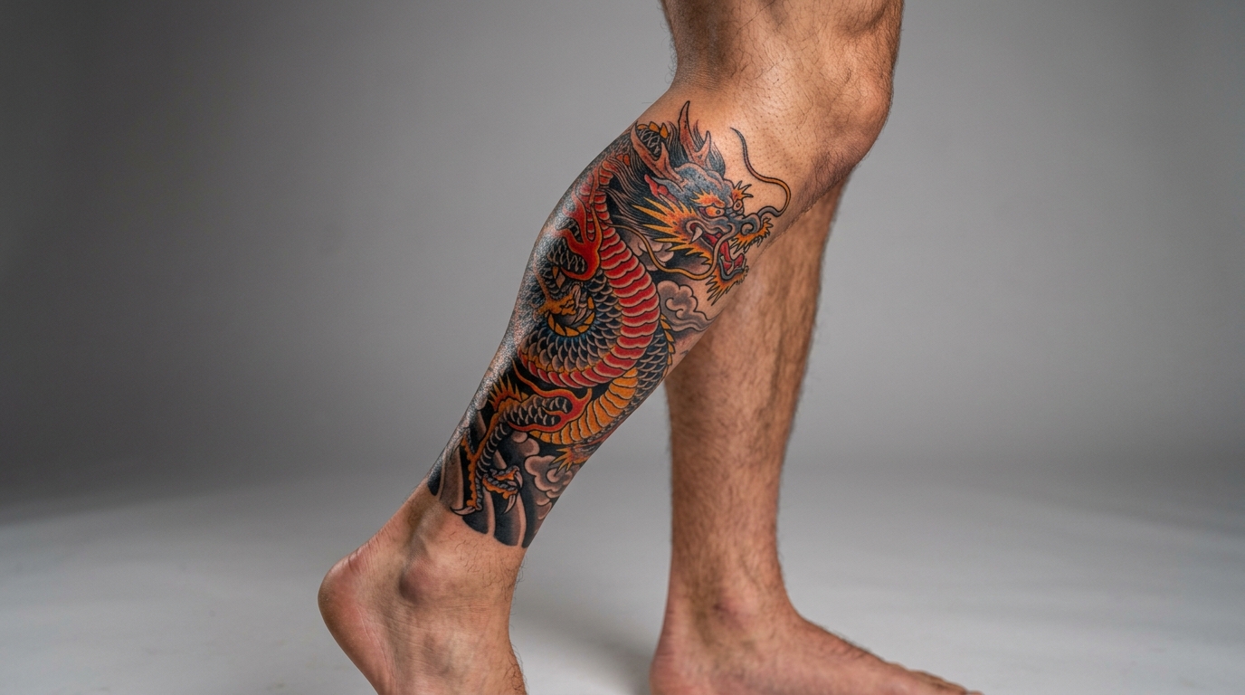 Татуировка японский дракон на икре, цветная, охватывающая форму ноги