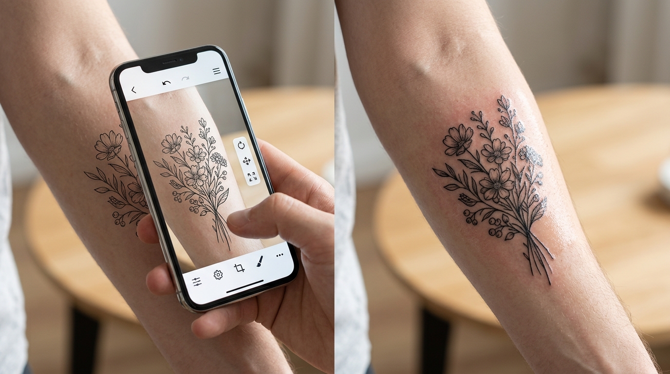 Слева превью татуировки цветочного букета через AR-приложение, справа реальная татуировка на той же руке