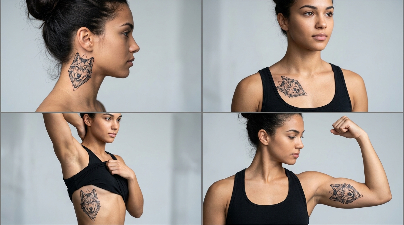Четыре варианта размещения одной татуировки волк: шея, грудь, бок, бицепс