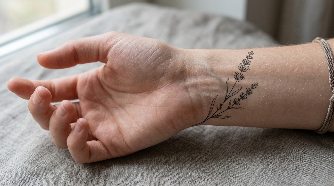 Минималистичная тату лаванды на запястье в стиле fine-line