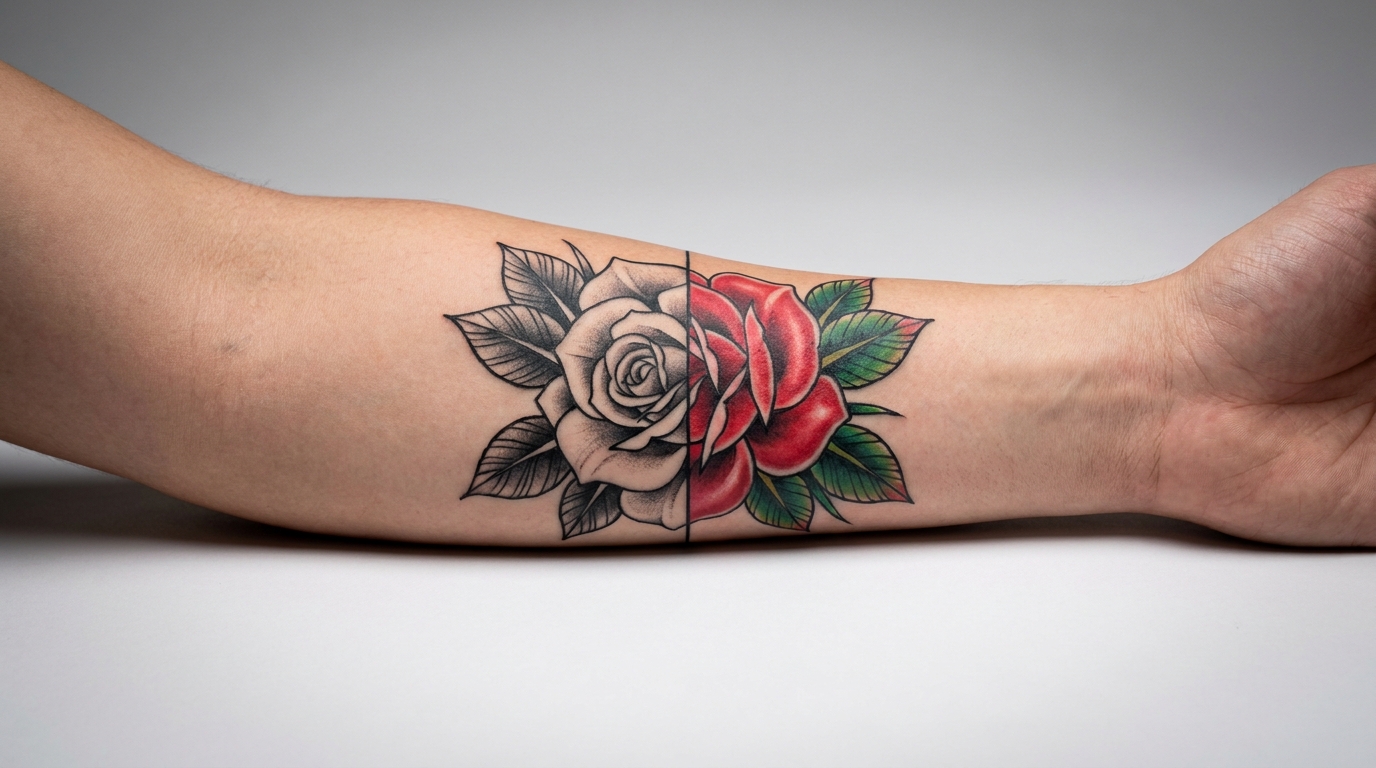 Одна и та же роза в двух вариантах: чёрно-серая и в цвете на одном предплечье