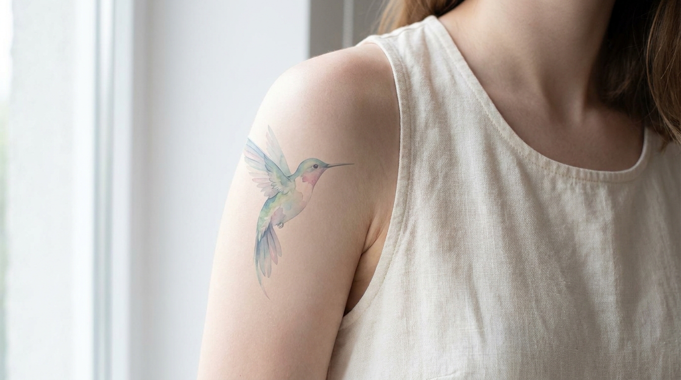 Акварельная татуировка колибри на светлой коже плеча девушки в пастельных тонах
