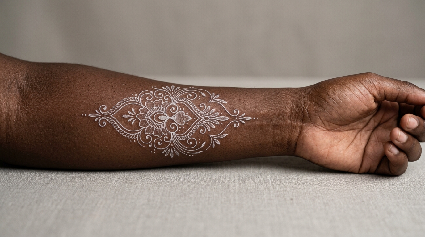 Татуировка белыми чернилами с орнаментом на смуглом предплечье