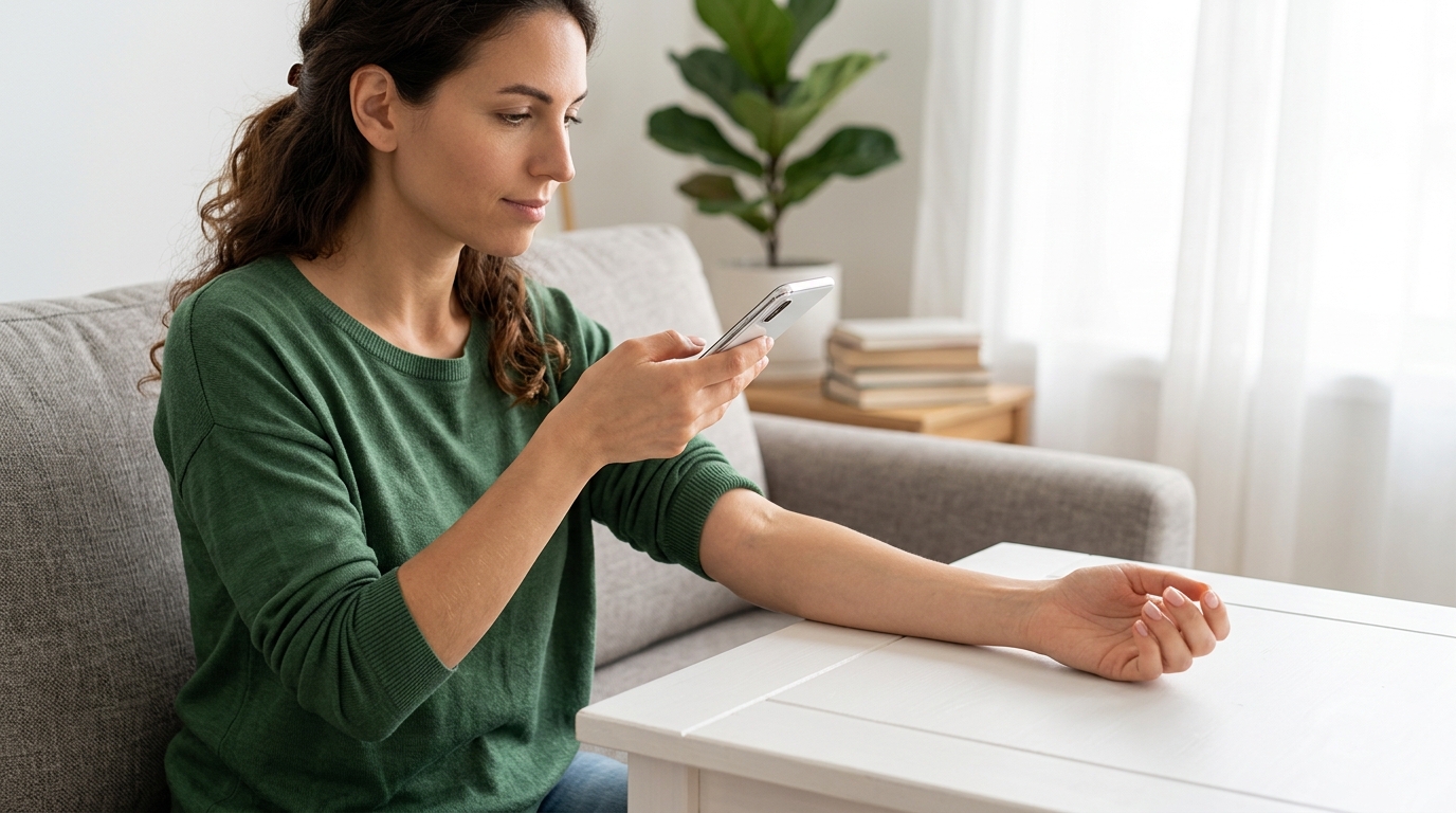 Девушка фотографирует своё предплечье на смартфон для виртуальной примерки тату