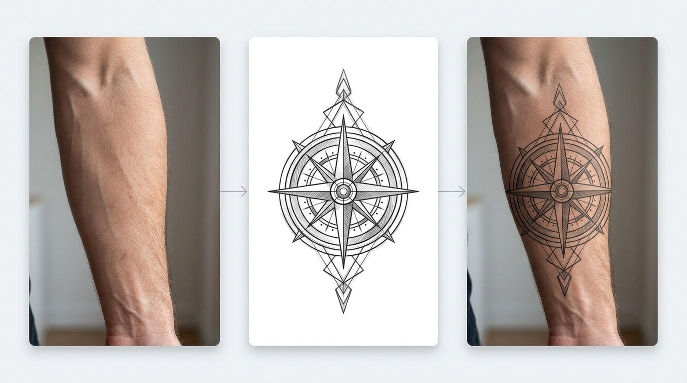 Три этапа виртуальной примерки тату: фото руки, эскиз, финальный результат