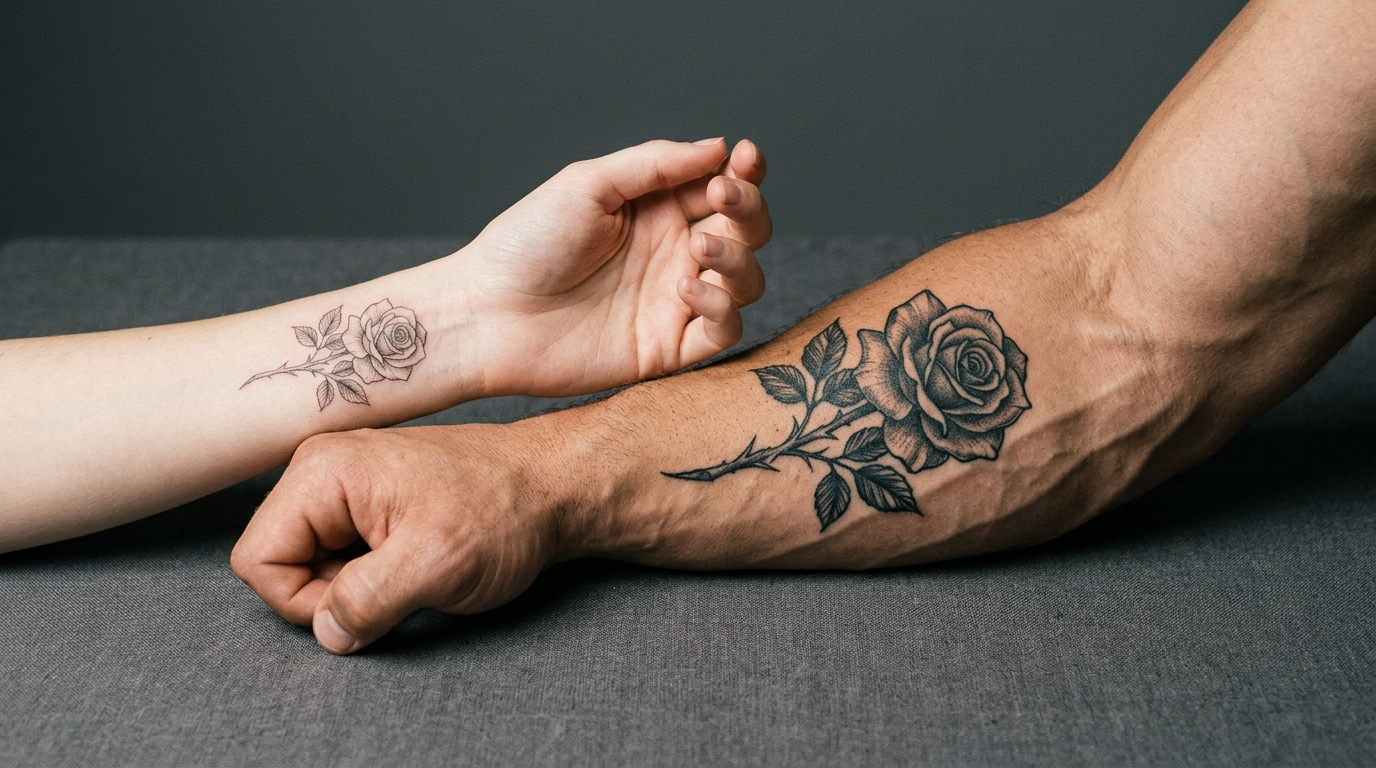 Одна и та же роза выглядит по-разному на тонком женском запястье и крепком мужском предплечье