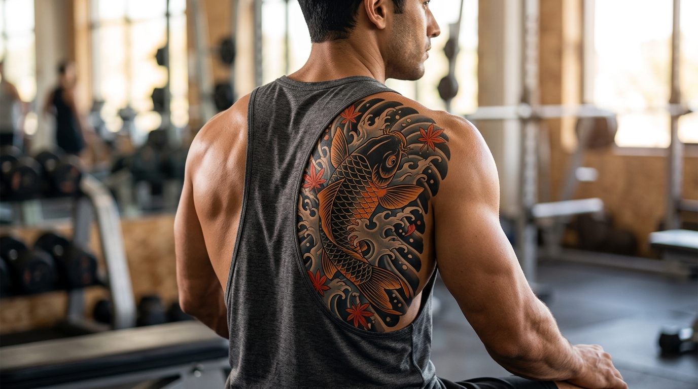 Мужская спина с татуировкой японский кой и волны, охватывающая всю лопатку