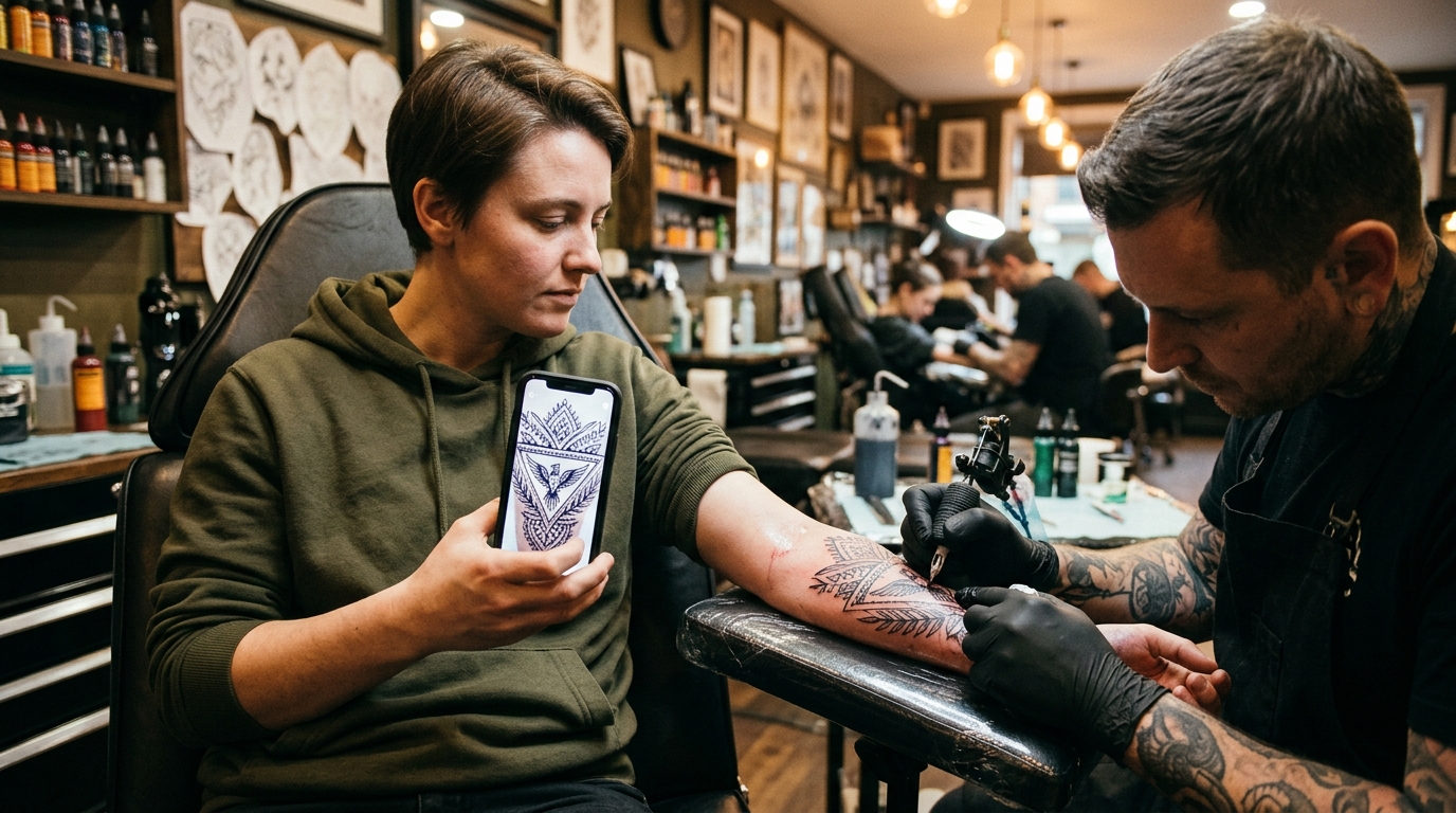 Клиент показывает мастеру превью татуировки на телефоне, мастер работает на руке