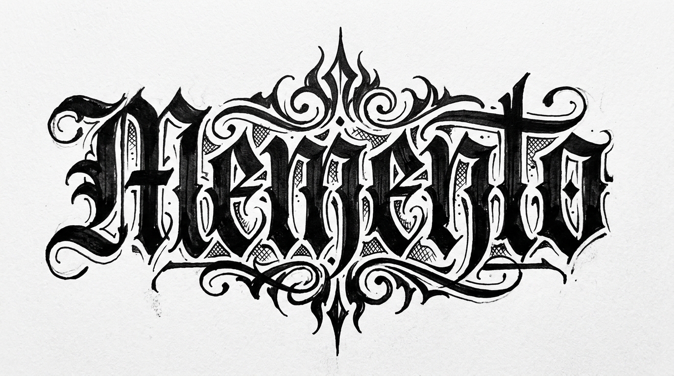 Эскиз тату слово Memento в готическом Blackletter с острыми угловатыми штрихами