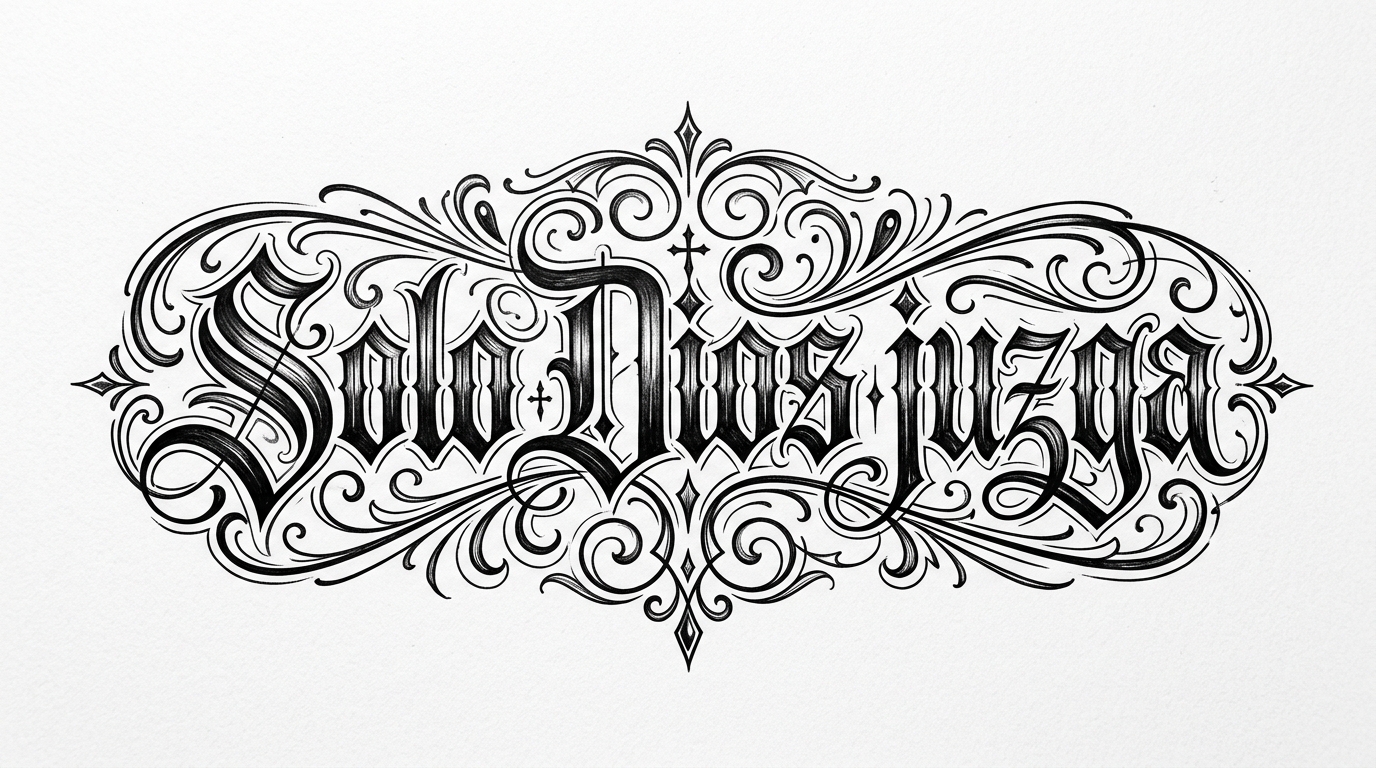 Эскиз тату Solo Dios juzga в чикано Old English с декоративными росчерками